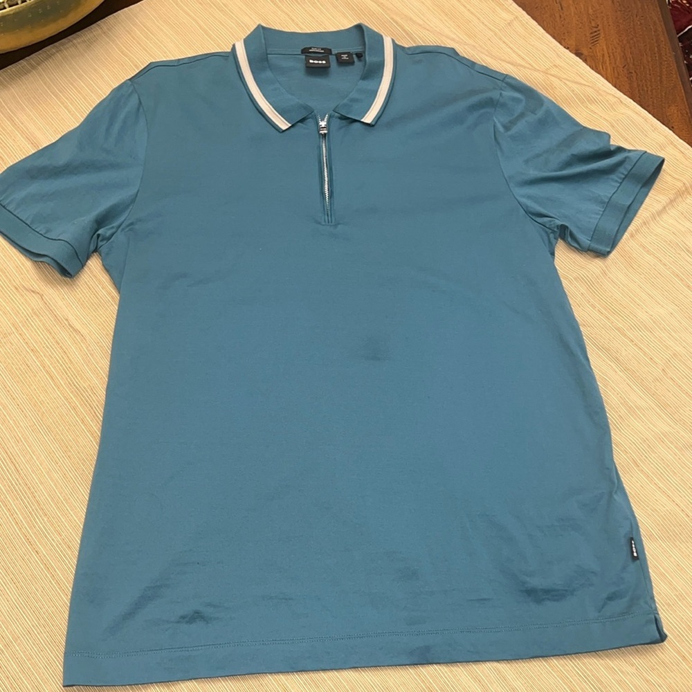 Hugo Boss slim fit mercerised Size XL kids turquois half sleeve shirt zipper